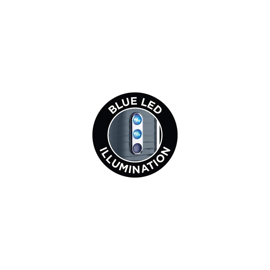 Blaues LED-Beleuchtungssymbol auf weißem Hintergrund, kreisförmig angeordnet.