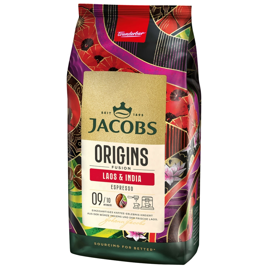 JACOBS Kaffeebohnen Origins Laos & India Espresso ganze Bohne geröstet 4 x 1 kg