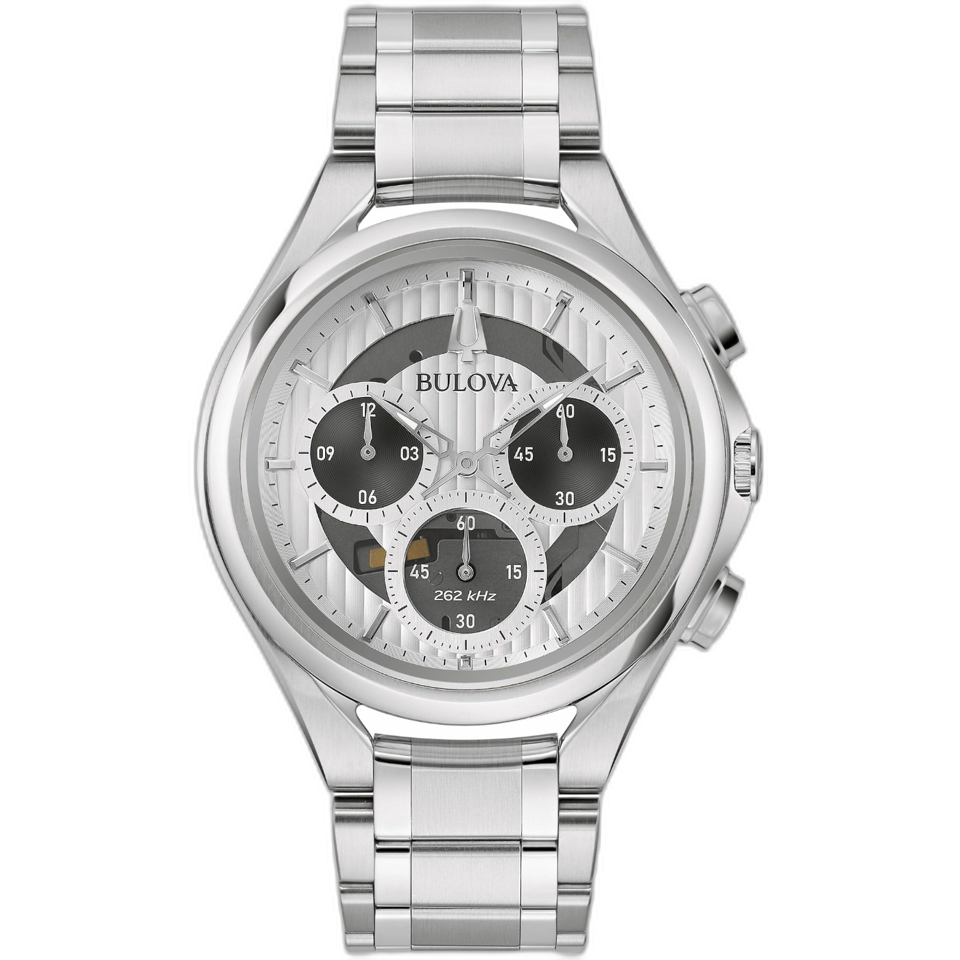 Bulova-Uhr, silbernes Zifferblatt, Chronograph, 262 kHz, elegantes Design, Armbanduhr, Accessoire