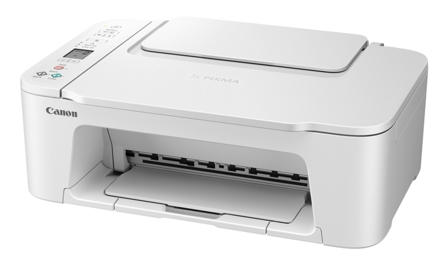 Weißer Canon Pixma Drucker, der auf einem weißen Hintergrund steht.