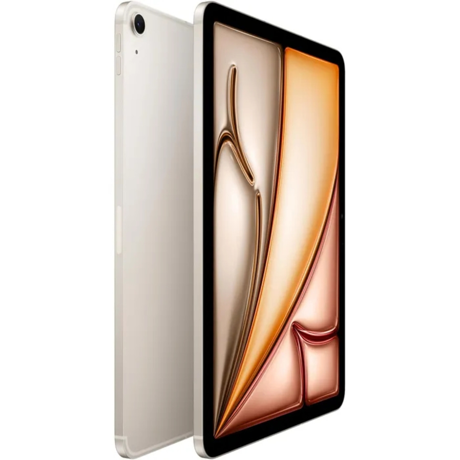 Ein silbernes Tablet mit einem bunten Bildschirm, das auf einer weißen Fläche steht.
