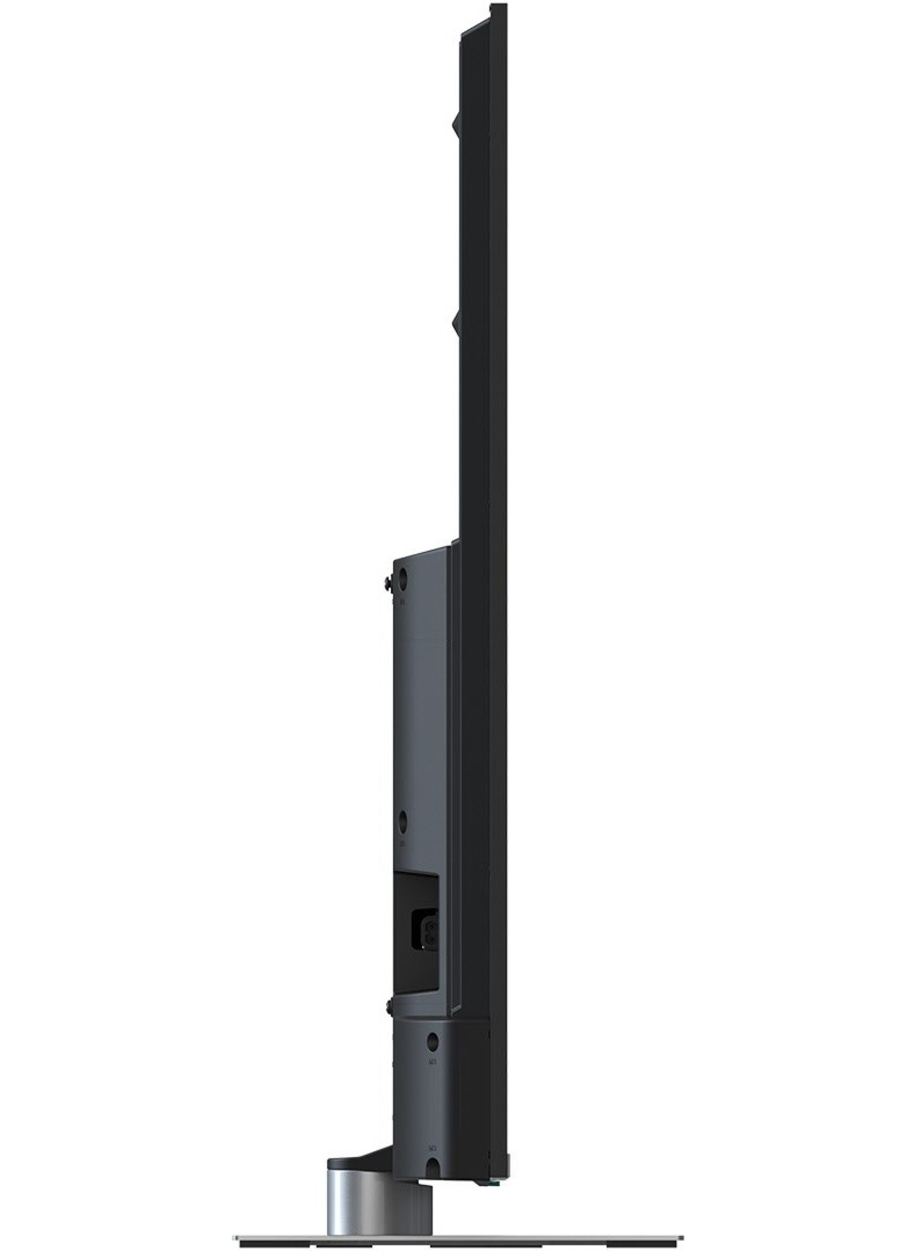 Fernseher, Seitenansicht, schlankes Design, schwarzer Rahmen, silberner Standfuß, modern