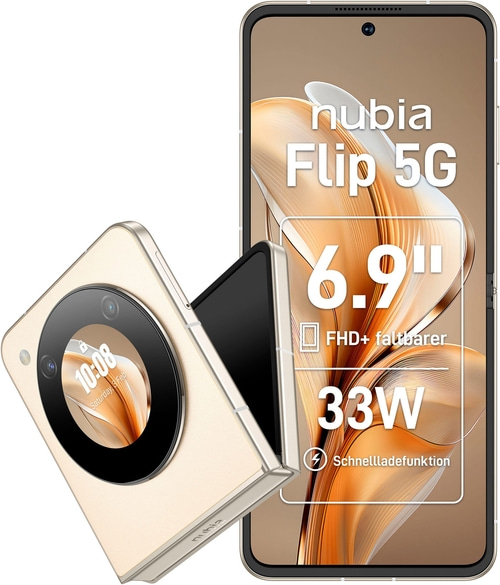 Nubia Flip 5G Smartphone mit 6,9 Zoll Display, 33W Schnellladefunktion, faltbar.