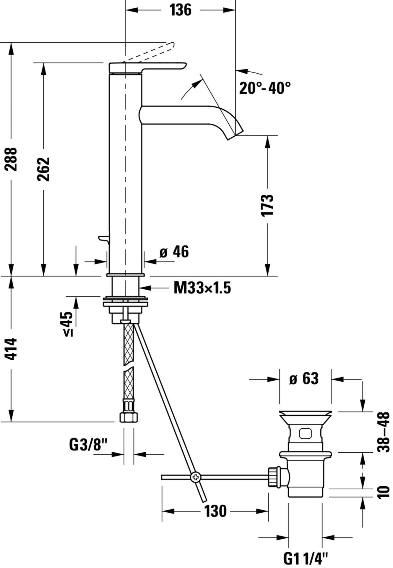 Armatur mit Maßen: 288, 262, 414, 136, 173, 46, 63, 130, 38-48, 10, G3/8", M33x1.5, G1 1/4"