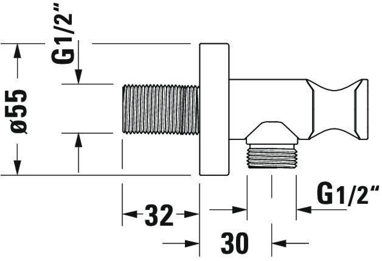 Technische Zeichnung eines Wasserhahns mit den Maßen Ø55, 32, 30 und G1/2".