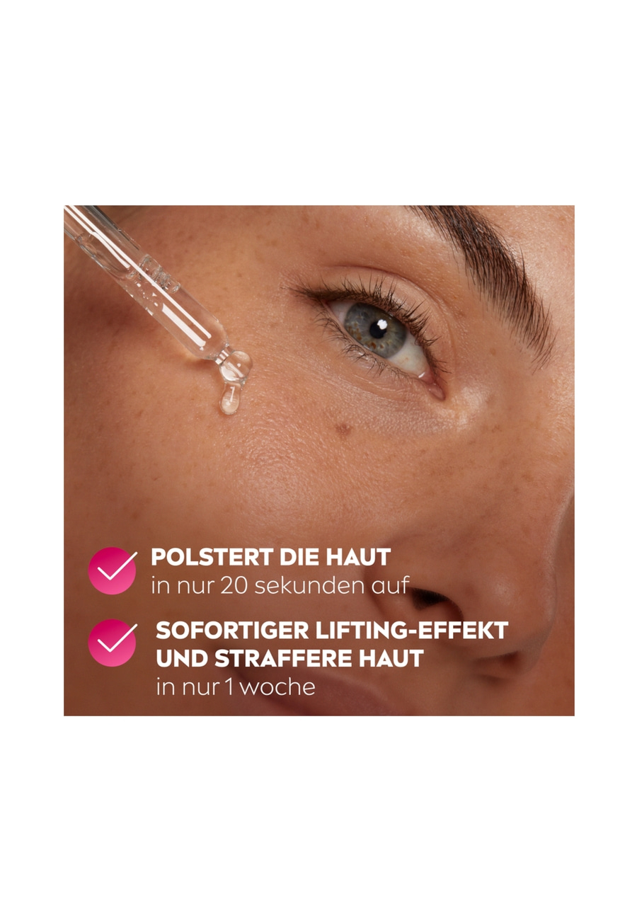 Frau mit Tropfer und Text über Hautstraffung