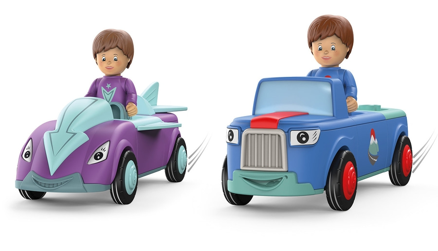 Zwei Spielzeugautos mit Figuren, lila und blau, fröhlich, Kinder, Spielzeug, Spaß