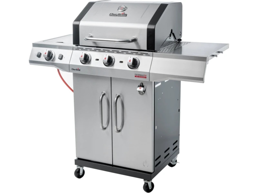 Edelstahl-Gasgrill mit Schrank, Rädern und Char-Broil-Logo. Perfekt für Grillpartys.