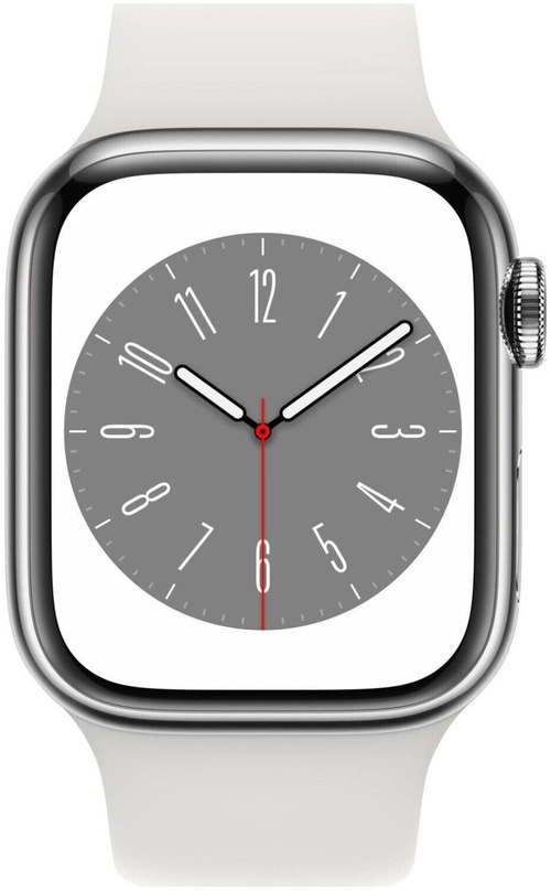 APPLE Watch S8 GPS + Cell 45mm Edelstahl Sportband silber/weiß MNKE3FD/A B-Ware