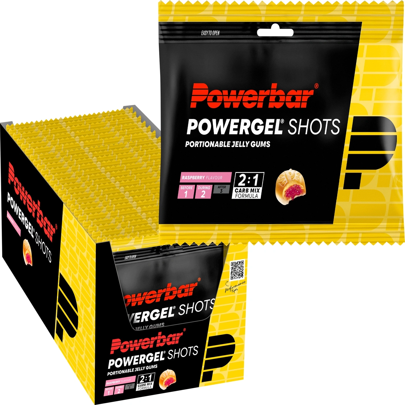 Verpackung von Powerbar Powergel Shots mit Himbeergeschmack.