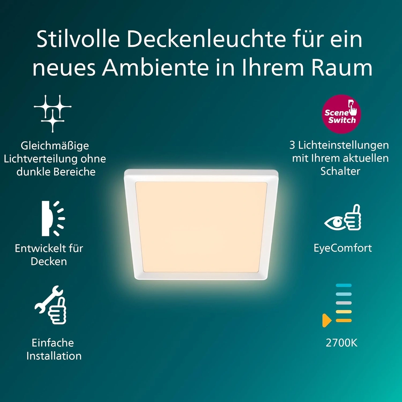 Stilvolle Deckenleuchte mit 3 Lichteinstellungen, EyeComfort und 2700K