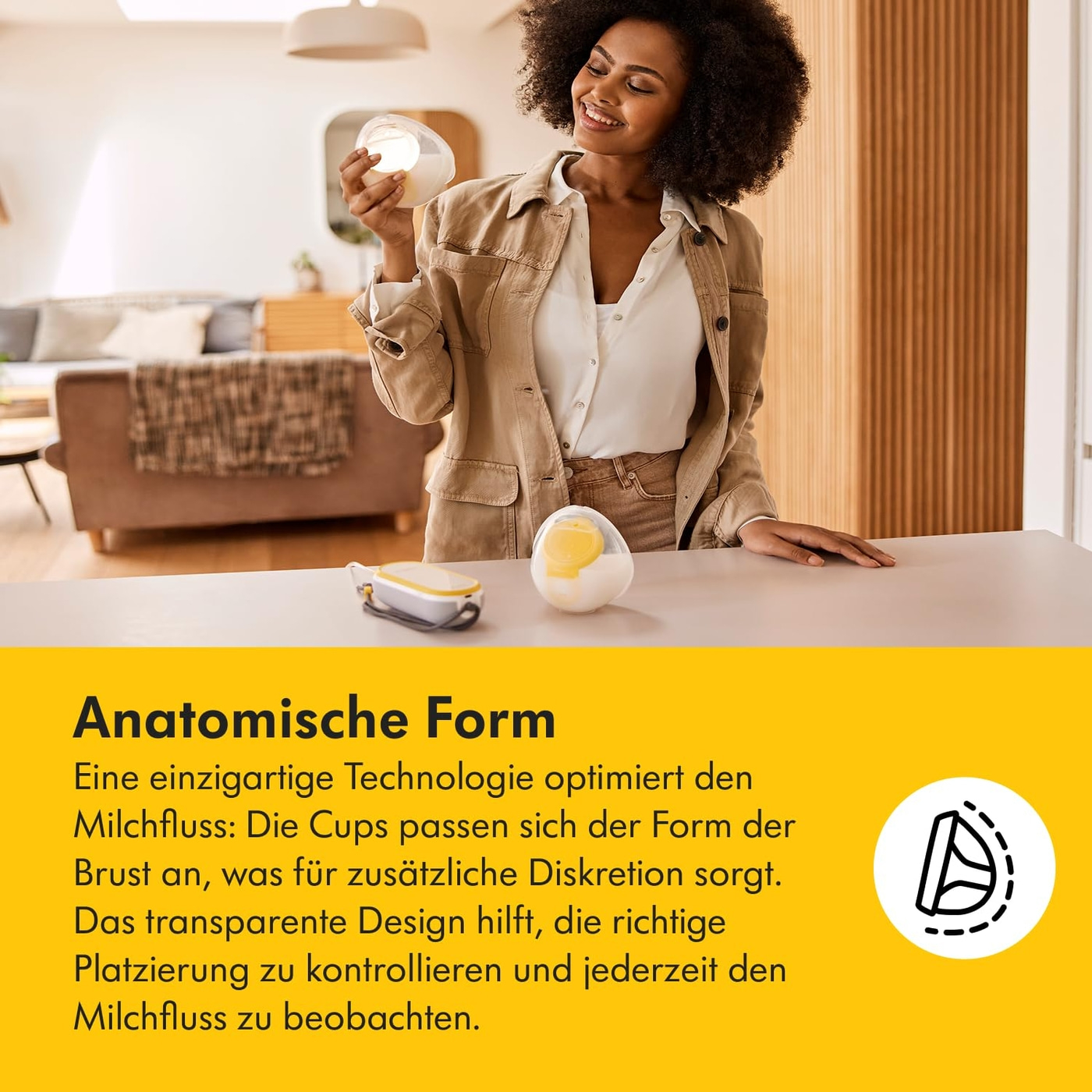 Frau mit Milchfluss-Cups, anatomische Form, transparente Design, Diskretion, Milchfluss beobachten.