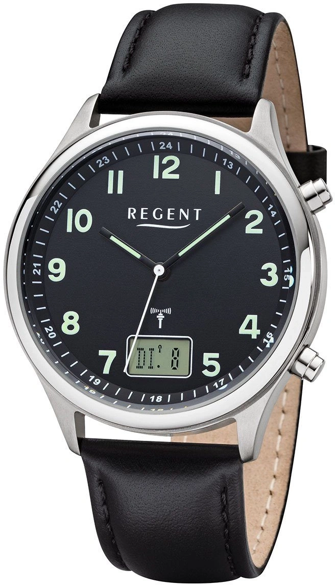 Herrenuhr von Regent mit schwarzem Zifferblatt und Lederarmband