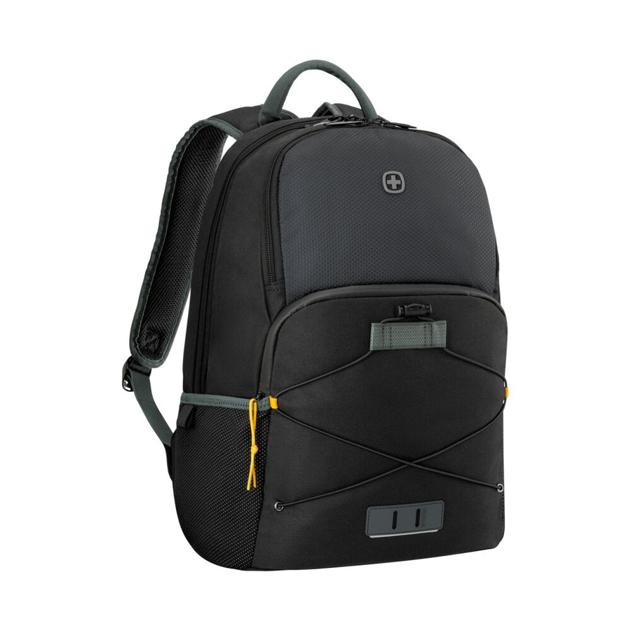 Schwarzer Rucksack mit grauem Griff und gelben Akzenten, für Kameraausrüstung.