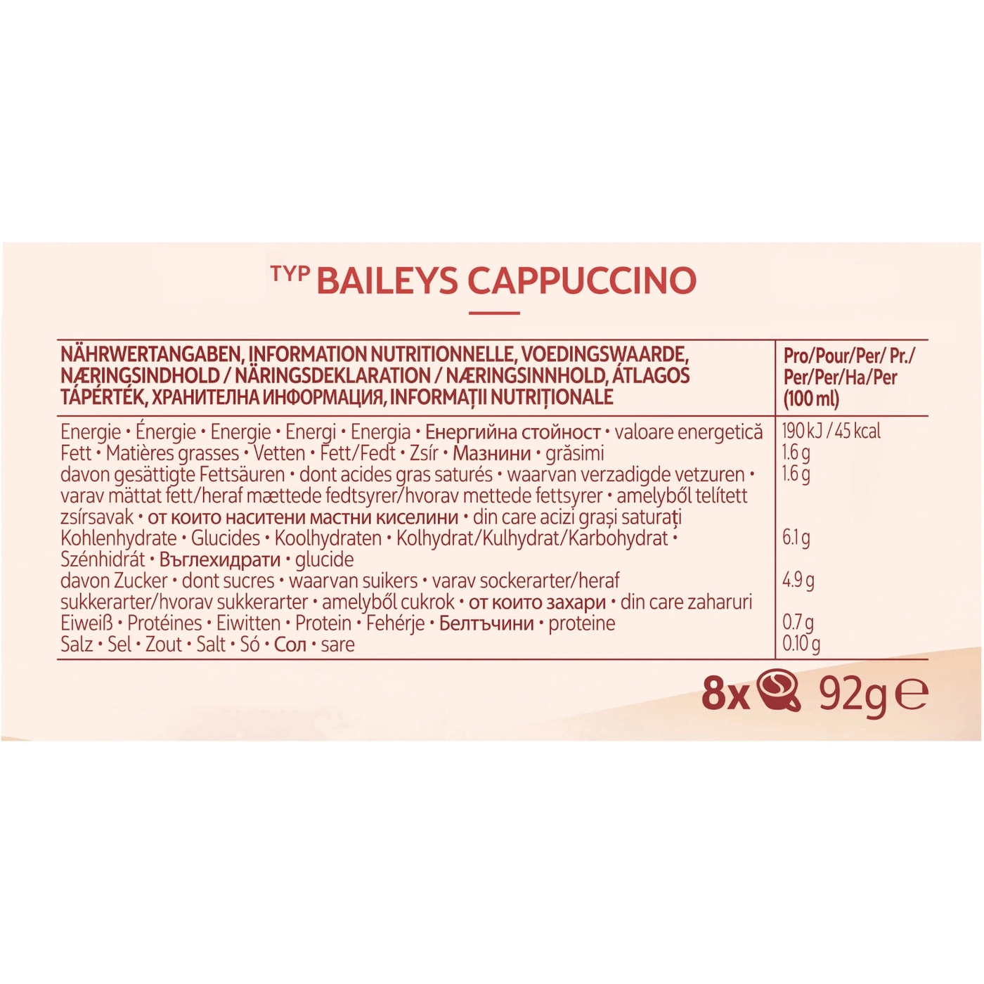 Nährwertangaben Baileys Cappuccino, Energie, Fett, Kohlenhydrate, Zucker, Eiweiß, Salz, 8x92g