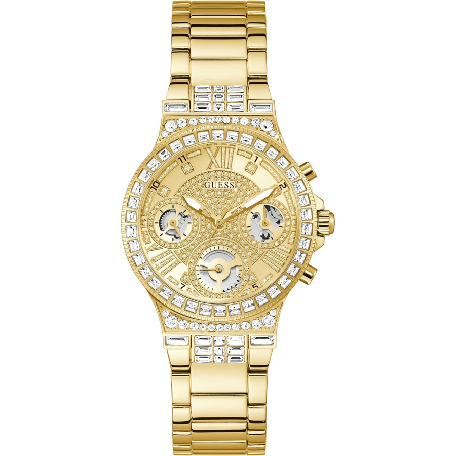 Goldene Guess-Uhr mit Kristallen und römischen Ziffern