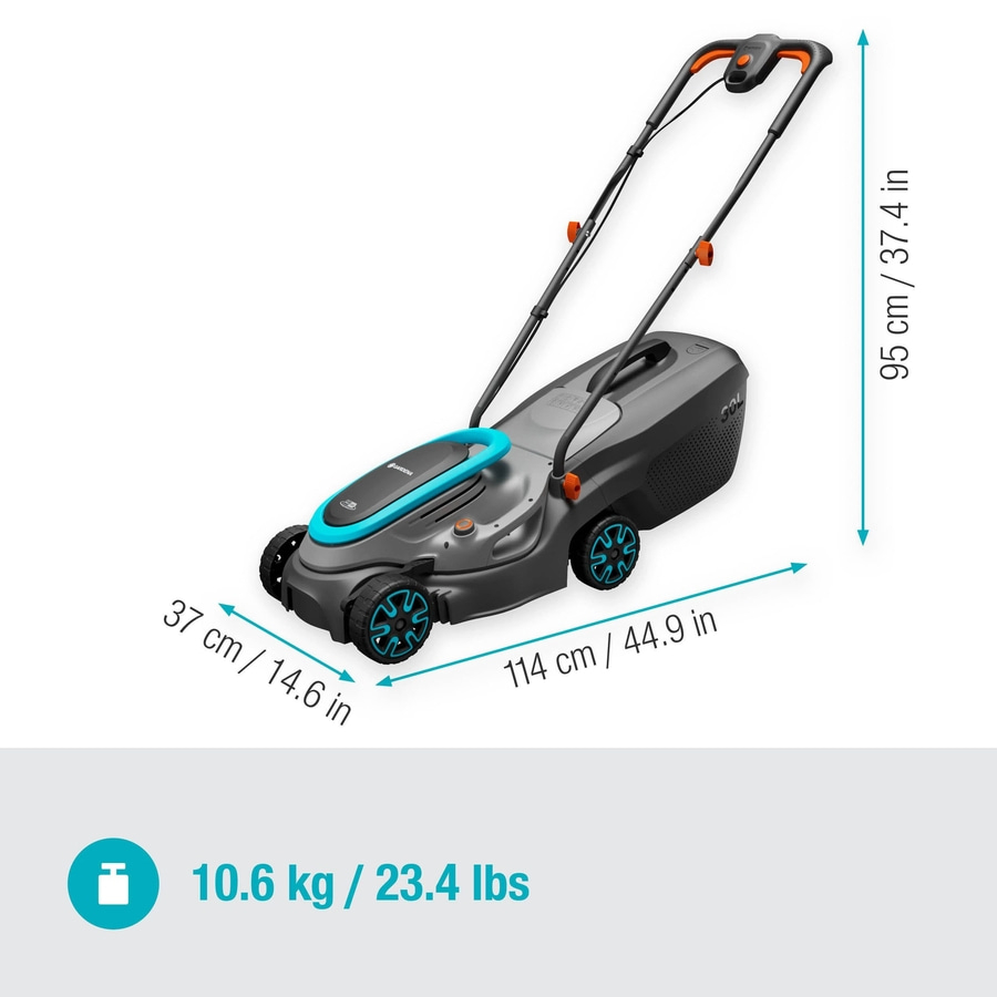Rasenmäher mit Abmessungen und Gewicht, 37 cm, 114 cm, 95 cm, 10.6 kg, 23.4 lbs.