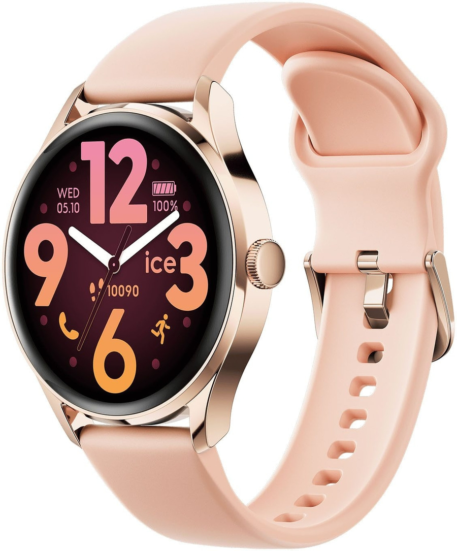 Eine rosafarbene Smartwatch mit digitalem Zifferblatt und Armband.