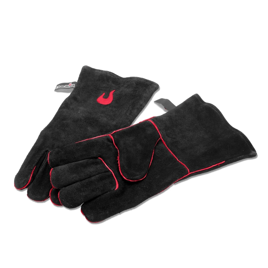 Schwarze Grillhandschuhe mit roter Naht und Char-Broil-Logo, isoliert