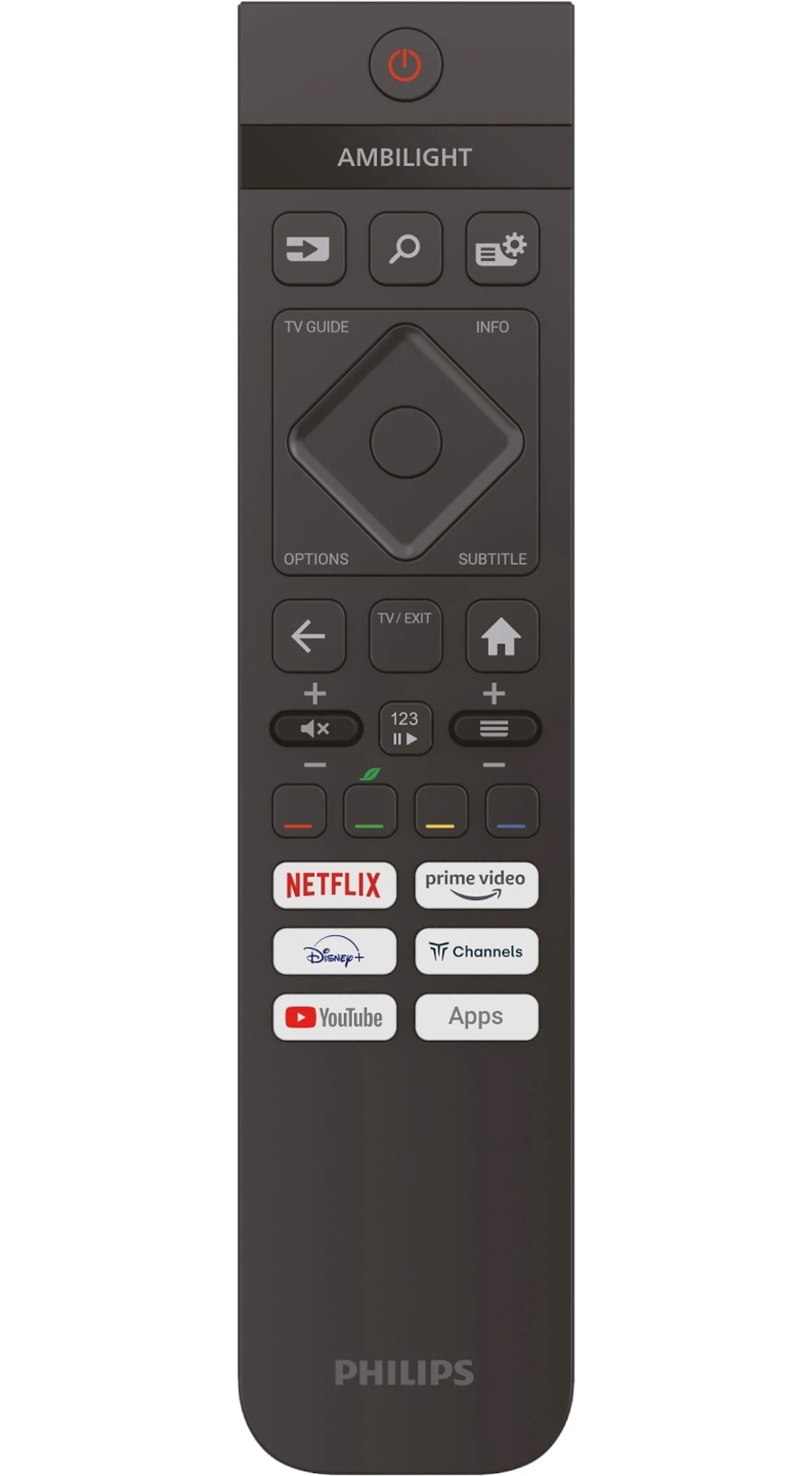 Fernbedienung mit Netflix, Prime Video, Disney+, YouTube und Apps-Tasten.
