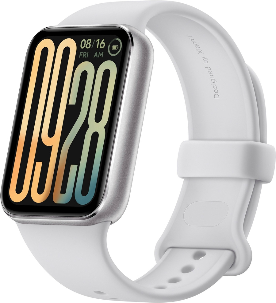 Weiße Smartwatch mit digitaler Anzeige, die am Handgelenk getragen wird.