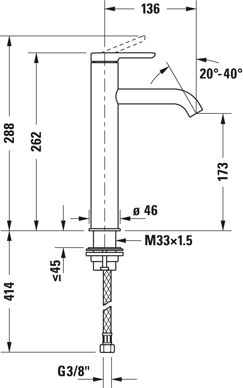 Wasserhahn mit Maßen: 414mm, 288mm, 262mm, 173mm, 136mm, Ø46mm, M33x1.5, G3/8", Winkel 20°-40°