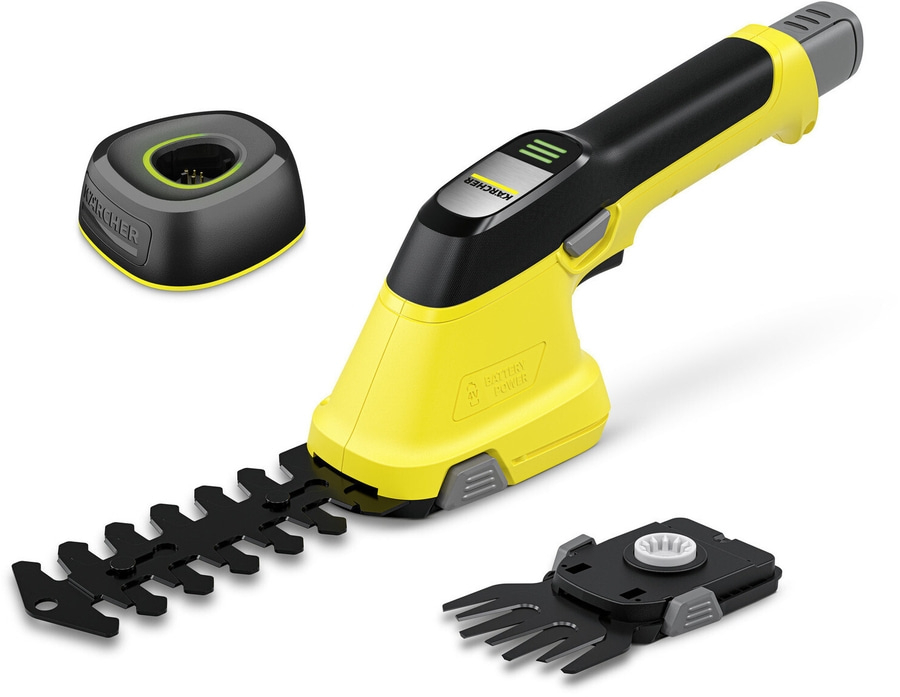 Kärcher Akku-Heckenschere, gelb-schwarz, mit Ladestation und zwei Aufsätzen