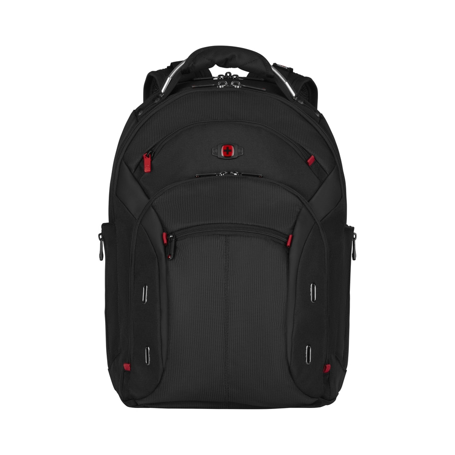 Schwarzer Rucksack mit roten Akzenten und mehreren Reißverschlüssen.