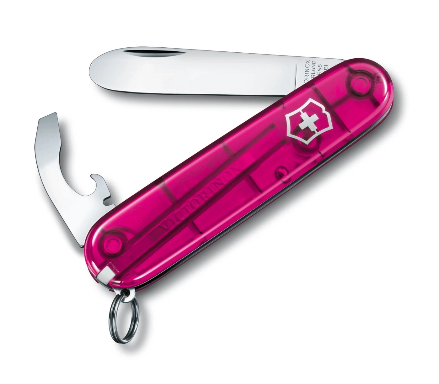 Ein pinkfarbenes Schweizer Taschenmesser mit geöffneten Werkzeugen auf weißem Hintergrund.