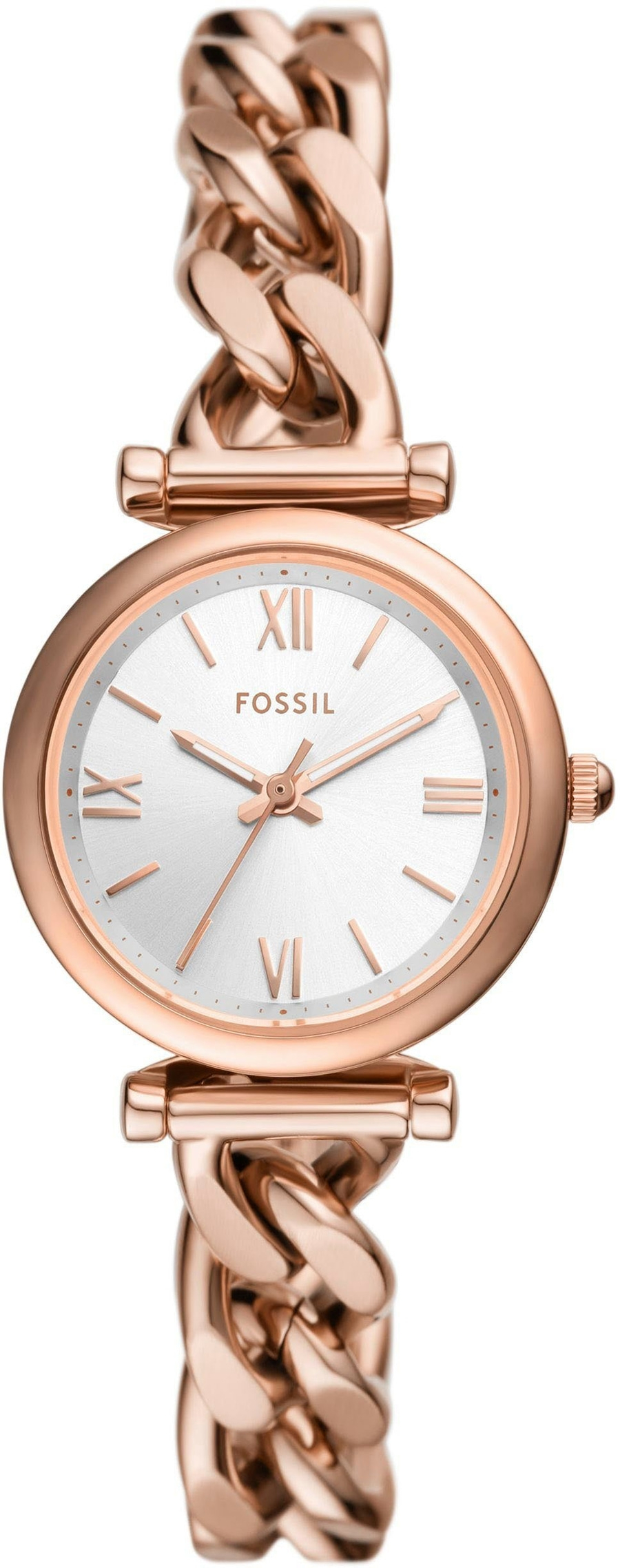 Rosegoldene Fossil-Uhr mit römischen Ziffern und Kettengliedern, elegant und stilvoll.