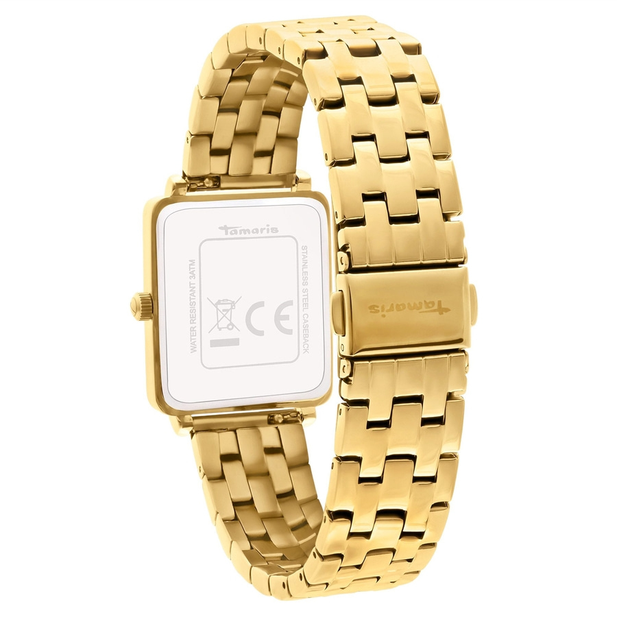 Goldene Tamaris Damenuhr mit rechteckigem Gehäuse und poliertem Armband