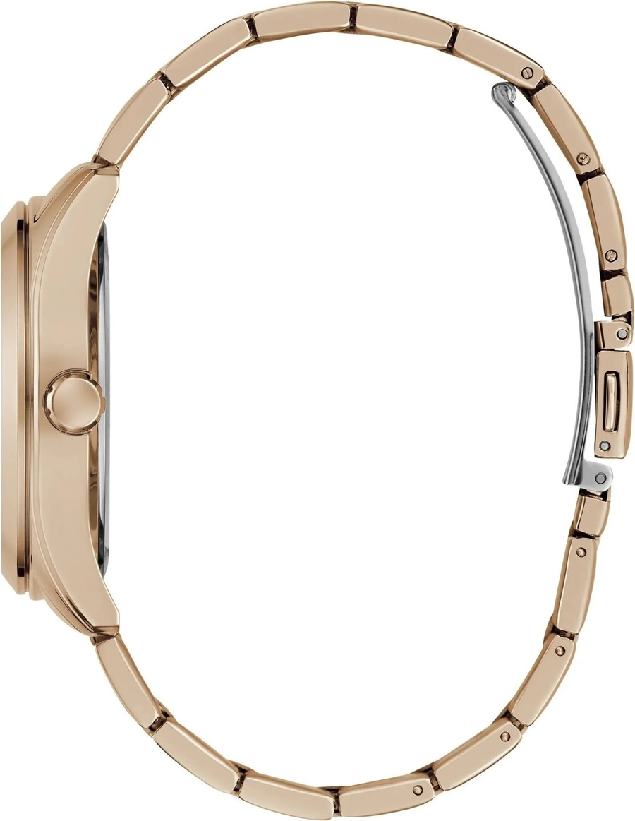 Eine goldene Uhr mit einem Gliederarmband, von der Seite gesehen.