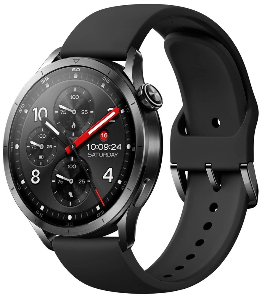 Eine schwarze Smartwatch mit detailliertem Zifferblatt und schwarzem Armband.