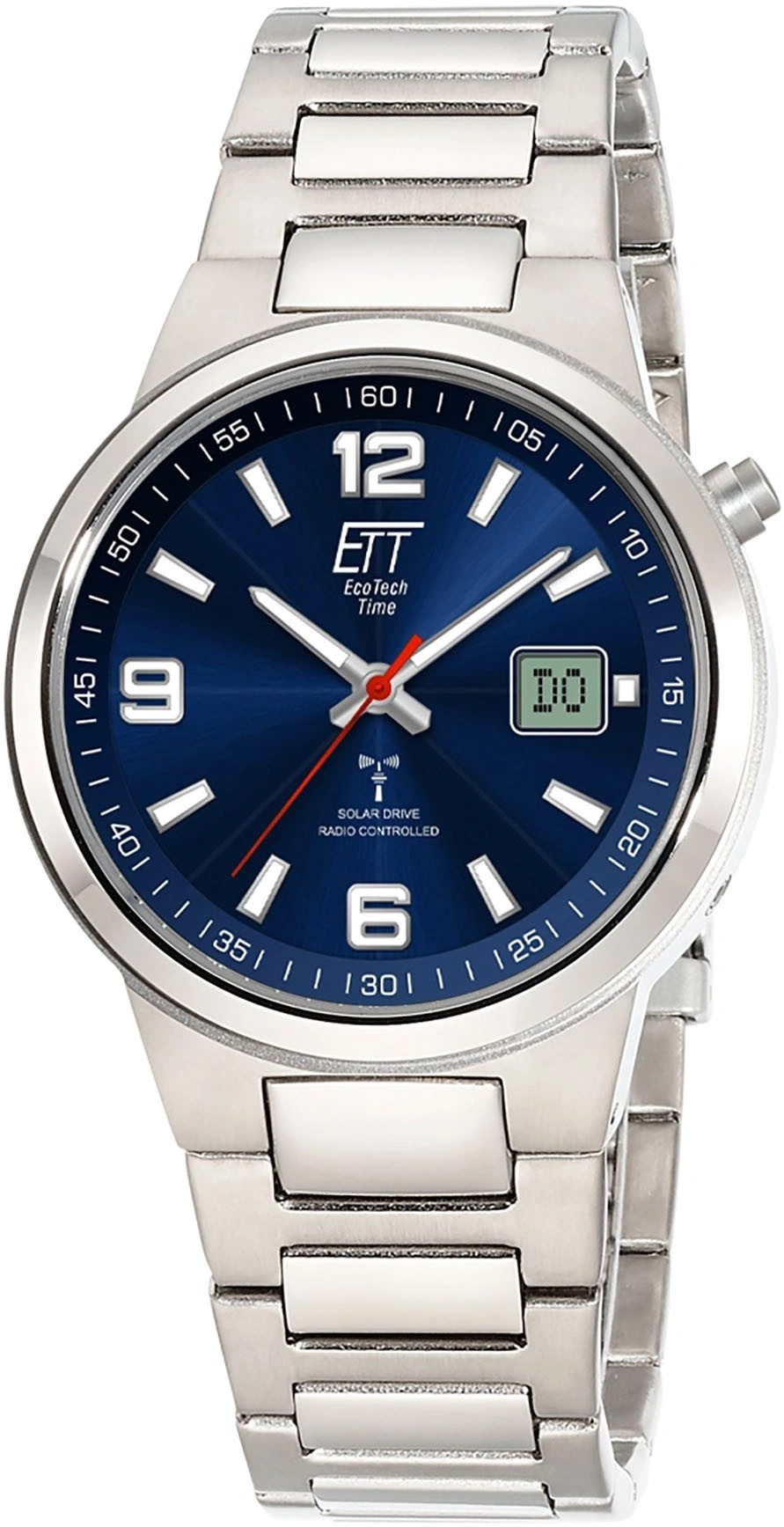 Eine elegante silberne Herrenuhr mit blauem Zifferblatt und silbernem Armband.