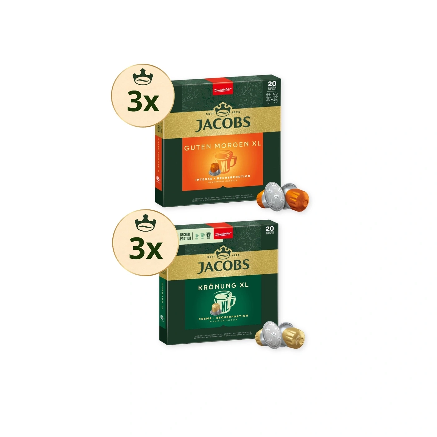 Drei Packungen Jacobs Krönung XL und Guten Morgen XL Kaffeekapseln mit Kapseln