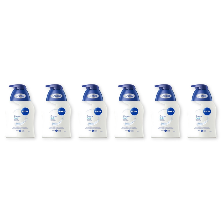 Sechs Nivea Creme Soft Duschgel-Flaschen mit Pumpaufsatz, nebeneinander.
