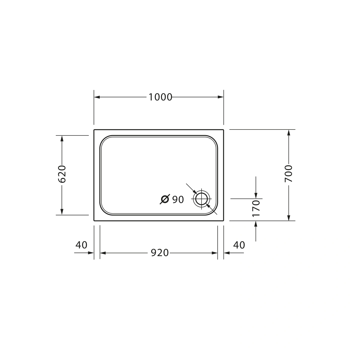 Duschwanne mit Maßen: 1000x620x90mm, Ablauf Ø90mm, 170mm Abstand, 700mm Höhe, 40mm Rand.