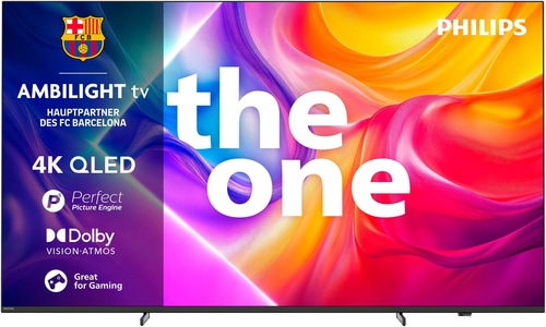 Philips Fernseher mit Ambilight, 4K QLED, Dolby, Gaming, FC Barcelona
