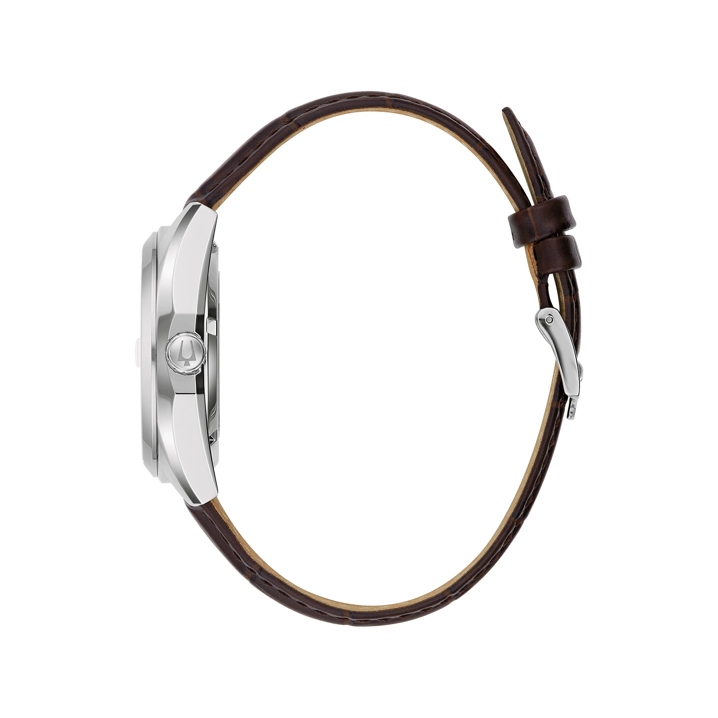 Silbernes Edelstahlgehäuse mit braunem Lederarmband und Dornschließe