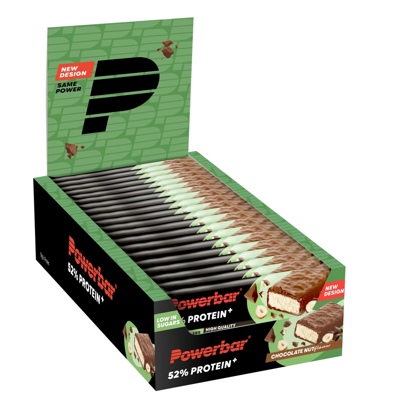Powerbar Proteinriegel mit Schokolade und Nüssen, Riegelpackung mit neuem Design.