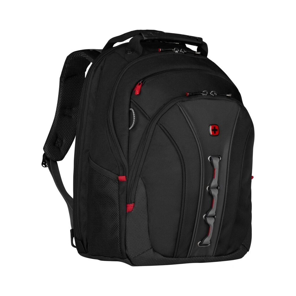 Schwarzer Rucksack mit rotem Akzent und Schweizer Kreuz-Logo