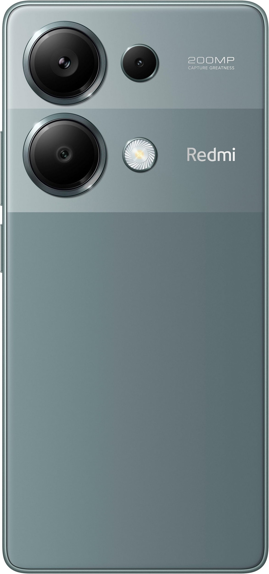 Rückseite eines grauen Smartphones mit Kamera und Redmi-Logo, 200MP.
