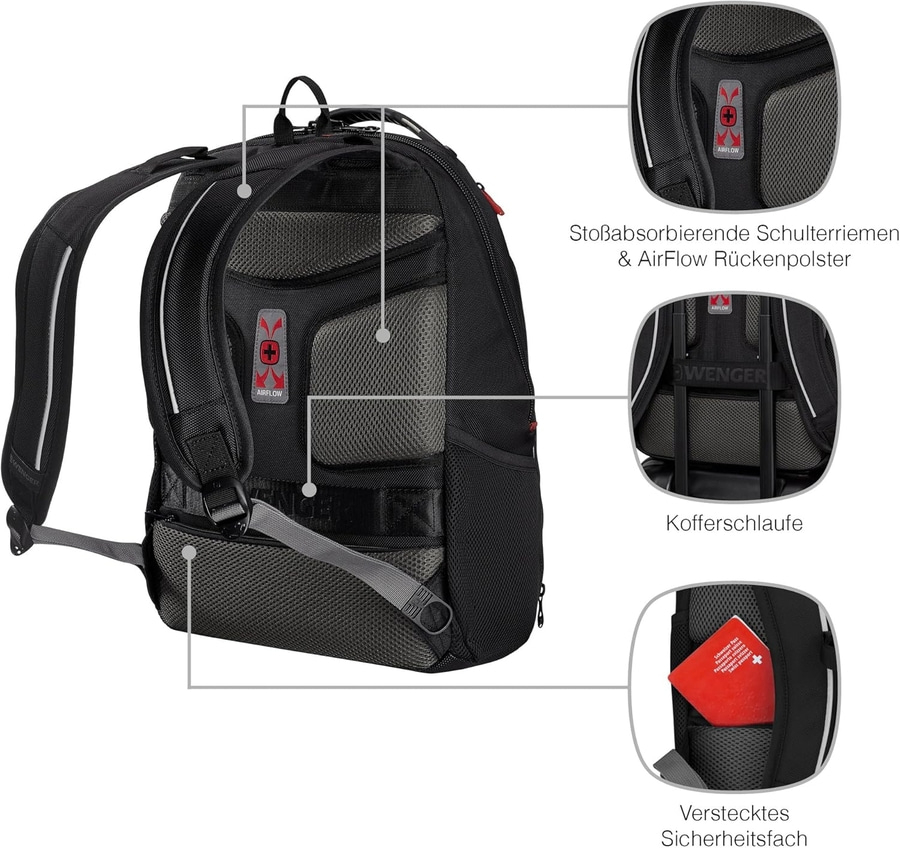 Schwarzer Rucksack mit Airflow-System, Schulterriemen und Sicherheitsfach.