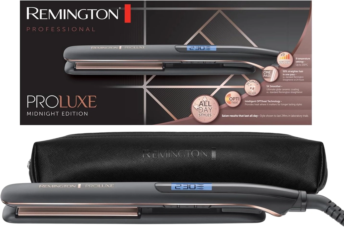 Remington Proluxe Midnight Edition Haarglätter mit Funktionen und Tasche.