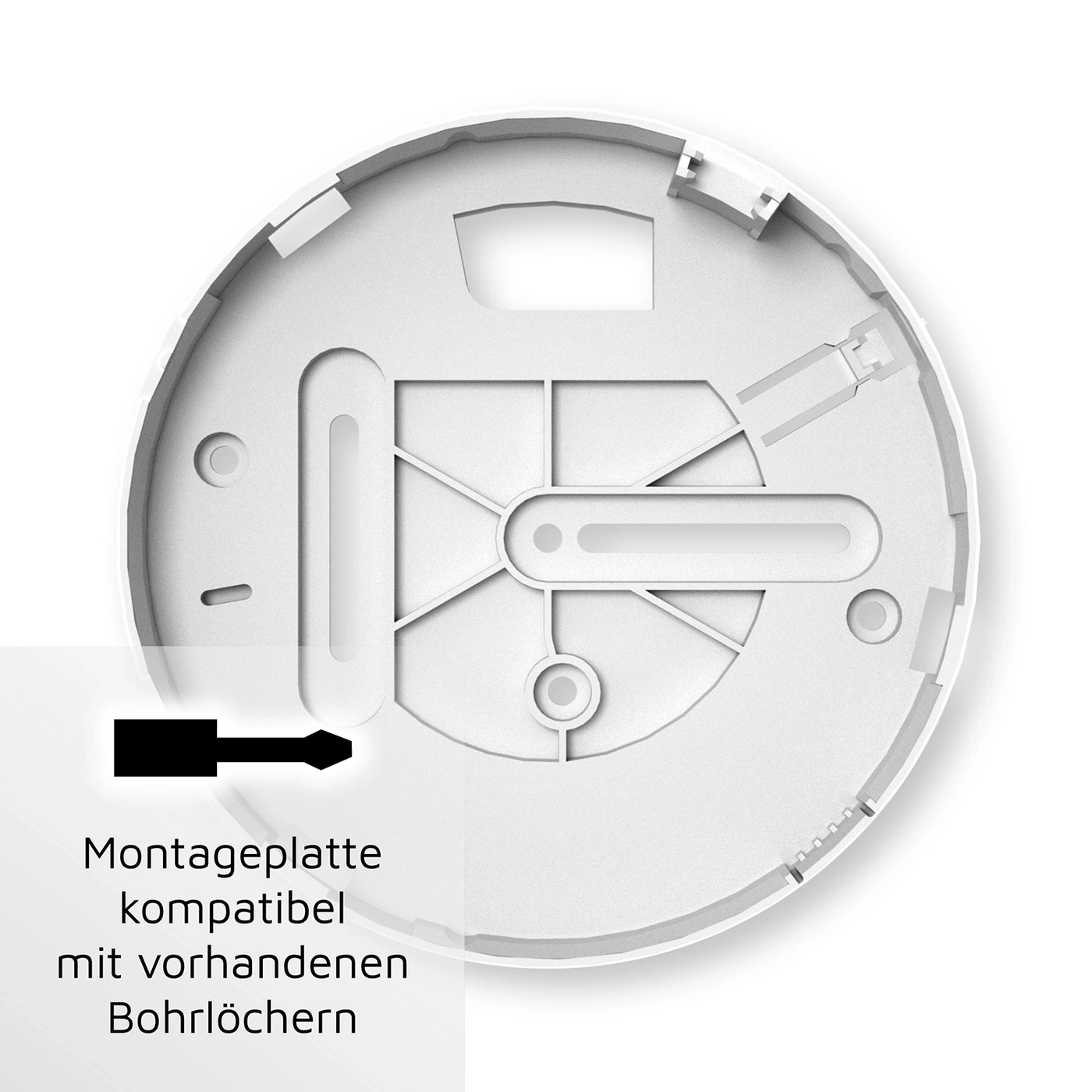 Montageplatte, kompatibel mit vorhandenen Bohrlöchern, weißes Design, Pfeil