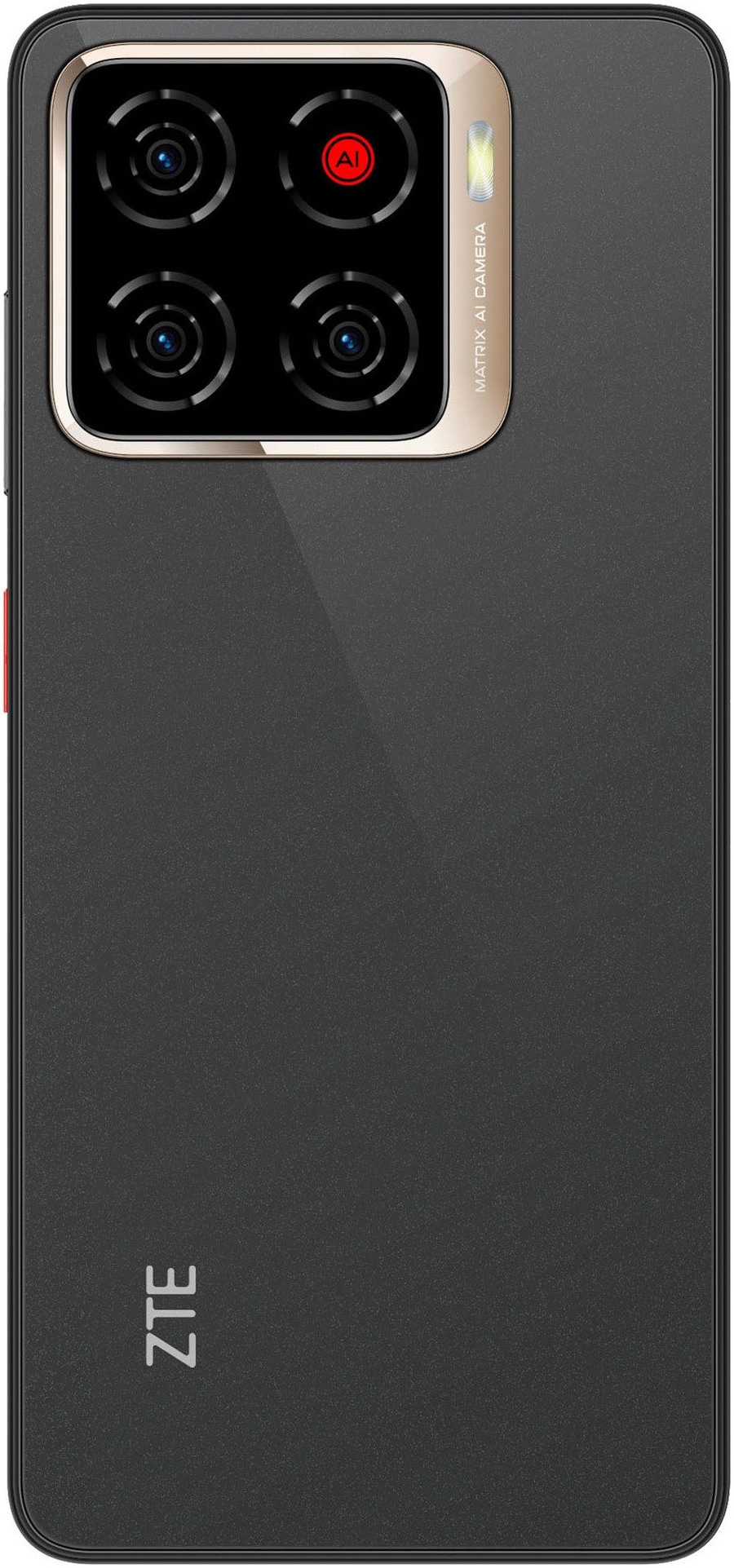 Rückseite eines schwarzen ZTE Smartphones mit vier Kameras und dem ZTE Logo.