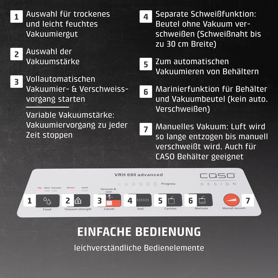 Vakuumiergerät mit Funktionen: Trocken, Vakuumstärke, Versiegeln, Marinieren, Manuell