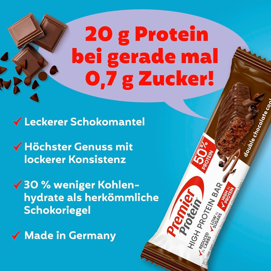 Premier Protein Riegel mit 20g Protein und wenig Zucker.