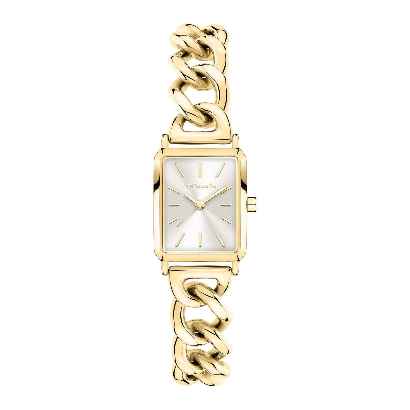 Eine goldene Damenuhr mit einem rechteckigen Zifferblatt und einem Gliederarmband aus dicken Kettengliedern.