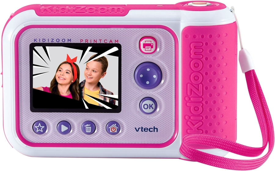 Ein pink-weißes Vtech Kidizoom Printcam mit Spielzeugkindern auf dem Bildschirm und einem Trageband.